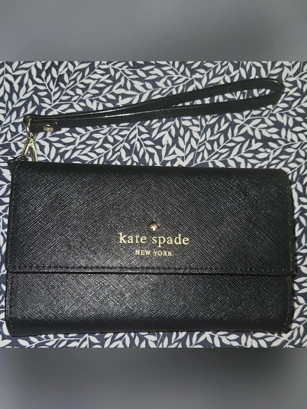 kate spade black wristlet wallet with gold logo